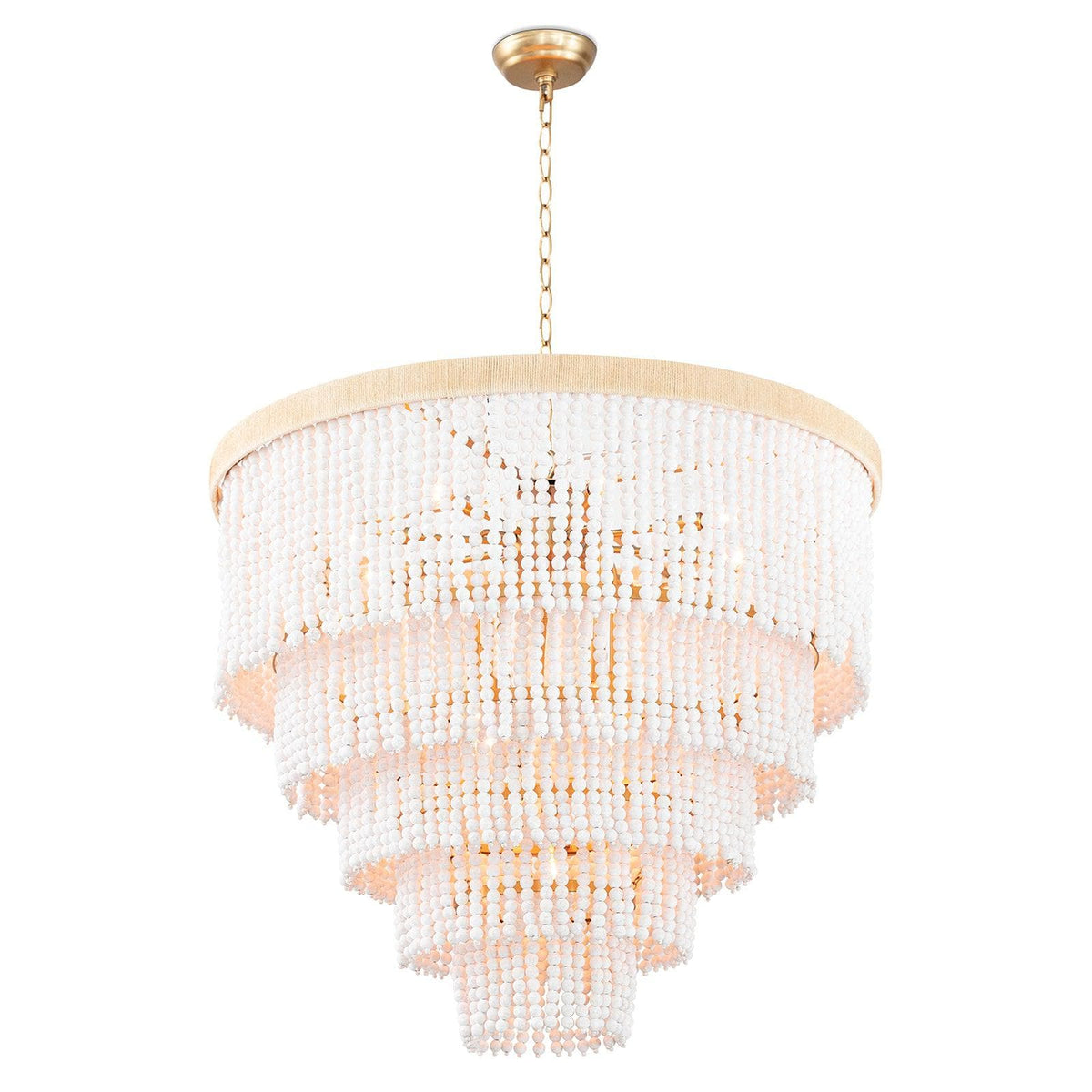 Waterfall White Beaded & Rattan Chandelier with cascading tiers of white beads and a jute-wrapped frame.