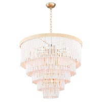 Waterfall White Beaded & Rattan Chandelier with cascading tiers of white beads and a jute-wrapped frame.