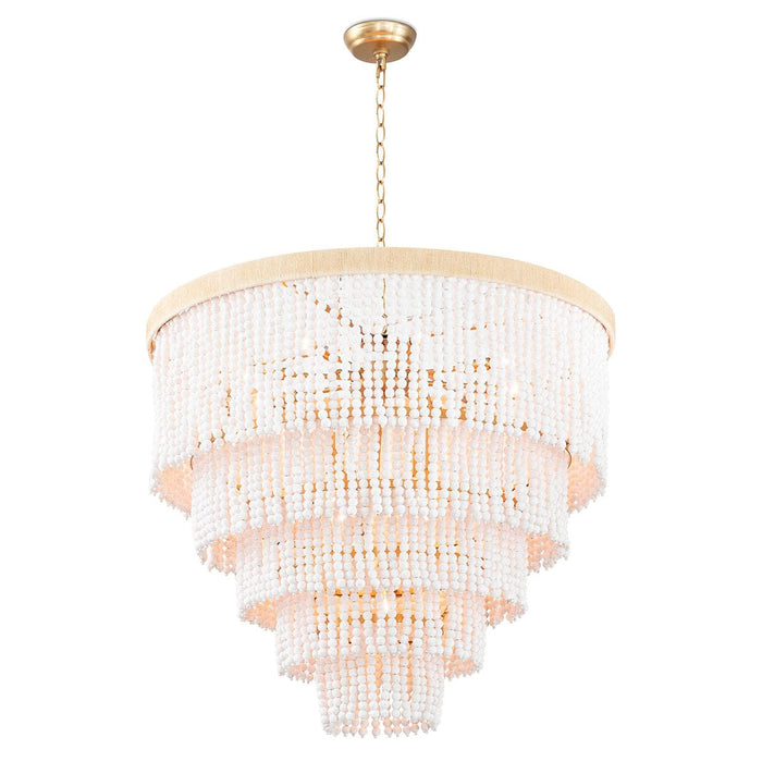 Waterfall White Beaded & Rattan Chandelier with cascading tiers of white beads and a jute-wrapped frame.