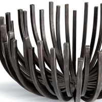 Sculpted webbed decorative bowl in blackened iron, featuring a unique open-bar design.