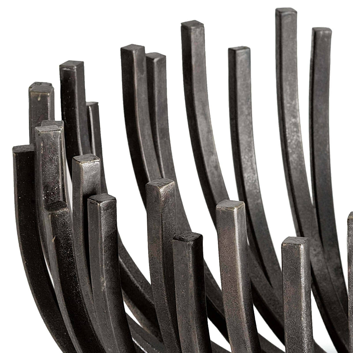 Blackened iron webbed circle decorative bowl with sculpted, curved metal rods.