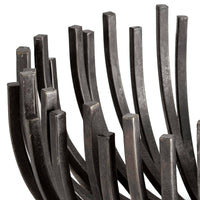 Blackened iron webbed circle decorative bowl with sculpted, curved metal rods.