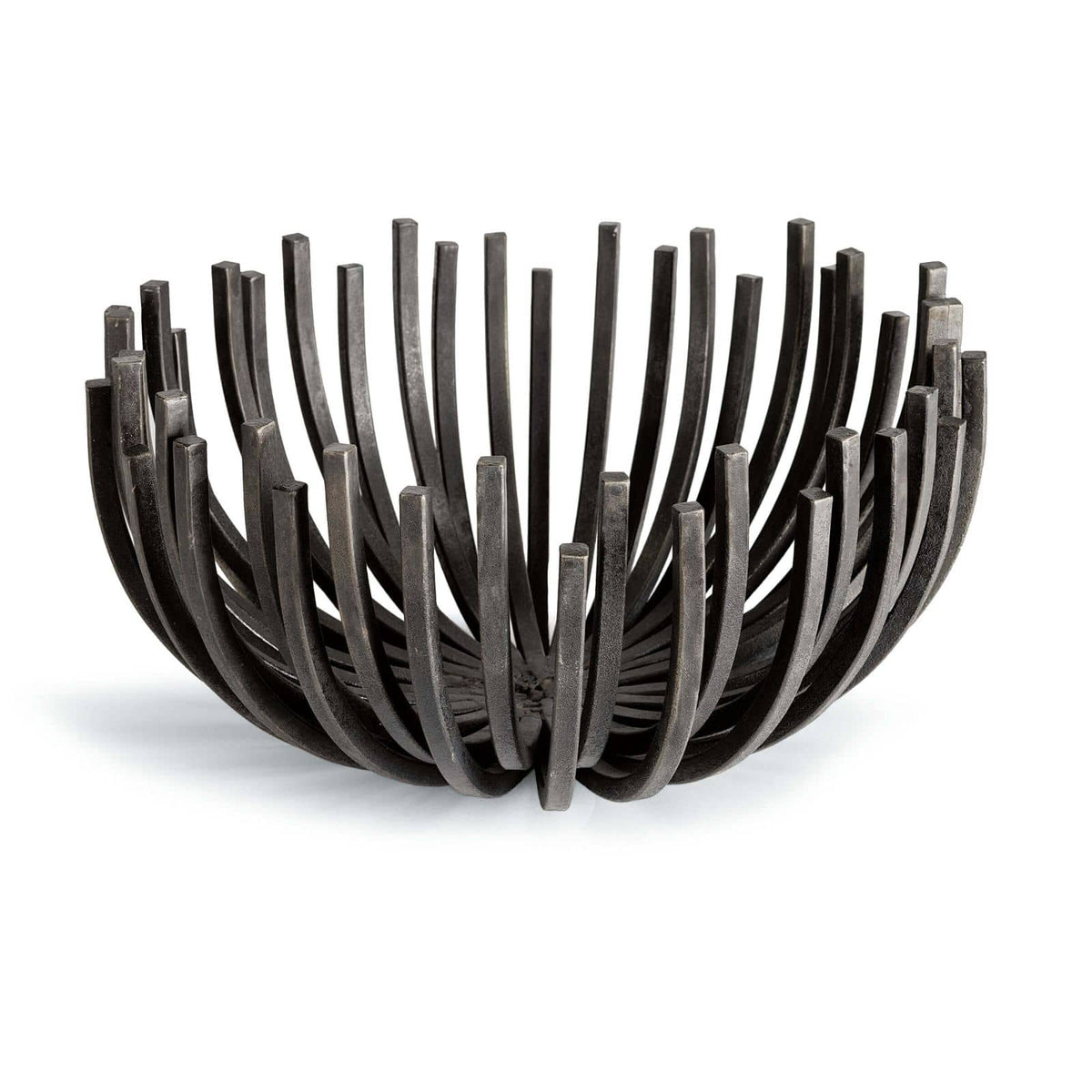 Blackened iron webbed circle decorative bowl, 17" wide, with sculpted vertical slats.
