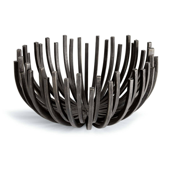 Blackened iron webbed circle decorative bowl, 17" wide, with sculpted vertical slats.