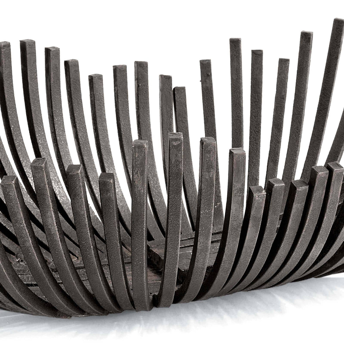 Sculpted webbed decorative bowl in blackened iron, featuring a unique, open-bar design.