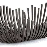 Sculpted webbed decorative bowl in blackened iron, featuring a unique, open-bar design.