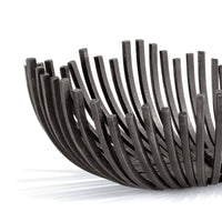 Sculpted webbed decorative bowl in blackened iron, featuring an open, curved design.