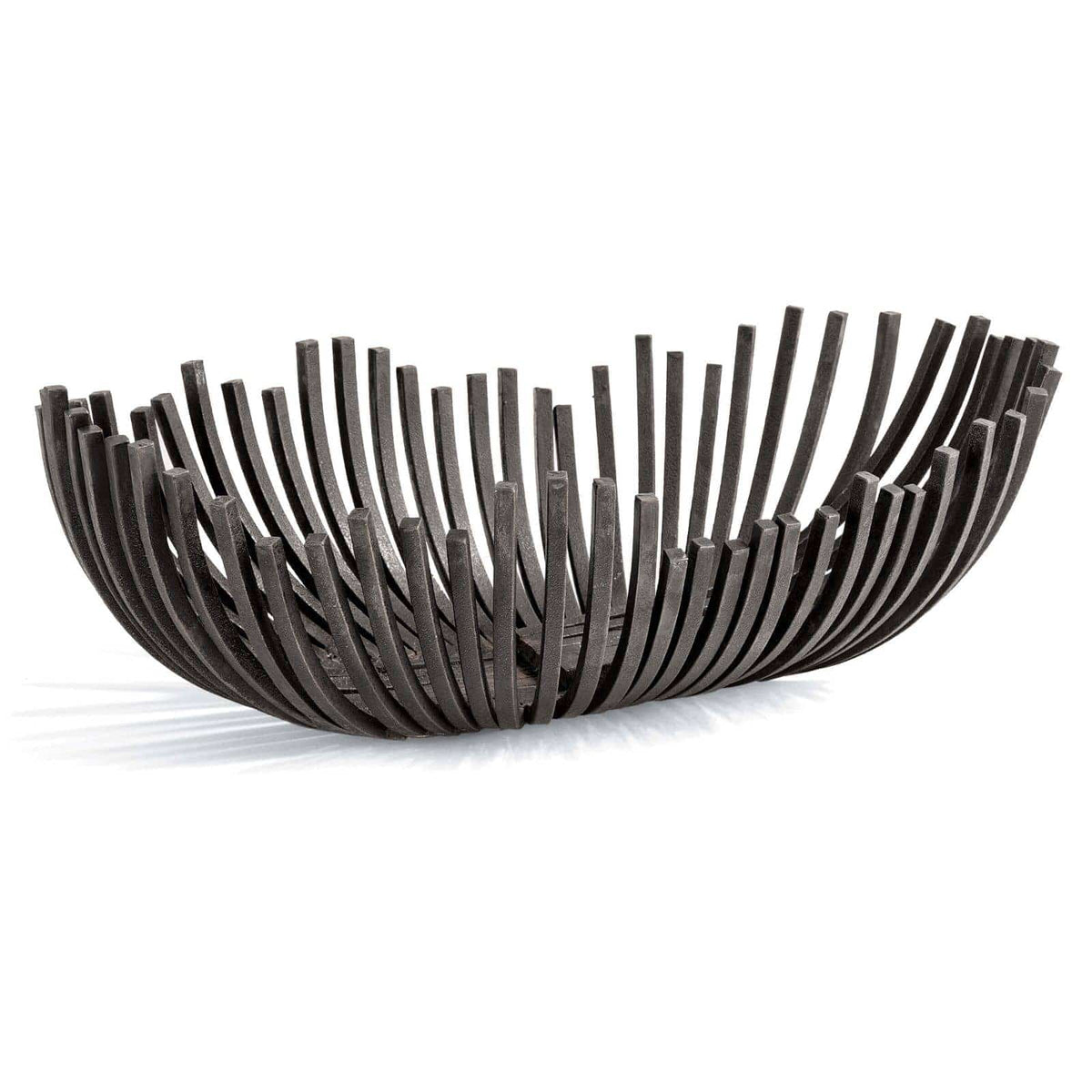 Sculpted webbed decorative bowl in blackened iron, featuring a unique open-bar design.