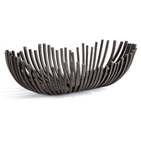 Sculpted webbed decorative bowl in blackened iron, featuring a unique open-bar design.