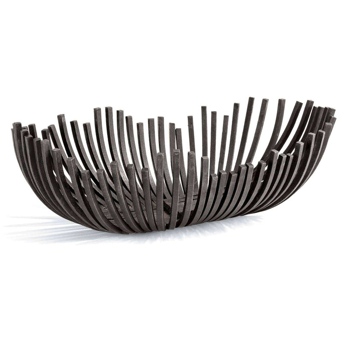 Sculpted webbed decorative bowl in blackened iron, featuring a unique open-bar design.