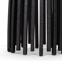 Close-up of the Webbed Table Lamp base, featuring sculpted blackened iron metal rods with a textured finish.