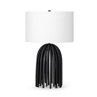 Modern Webbed Table Lamp with sculpted blackened iron base, natural brass fittings, and a crisp white linen shade.