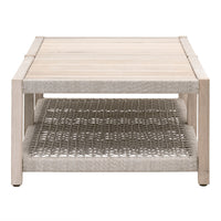 Wendy Rectangle Gray Teak Outdoor Coffee Table with light wood top and woven rope shelf.