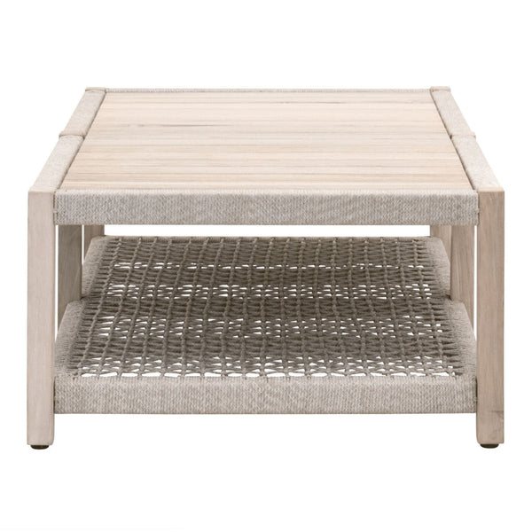 Wendy Rectangle Gray Teak Outdoor Coffee Table with light wood top and woven rope shelf.