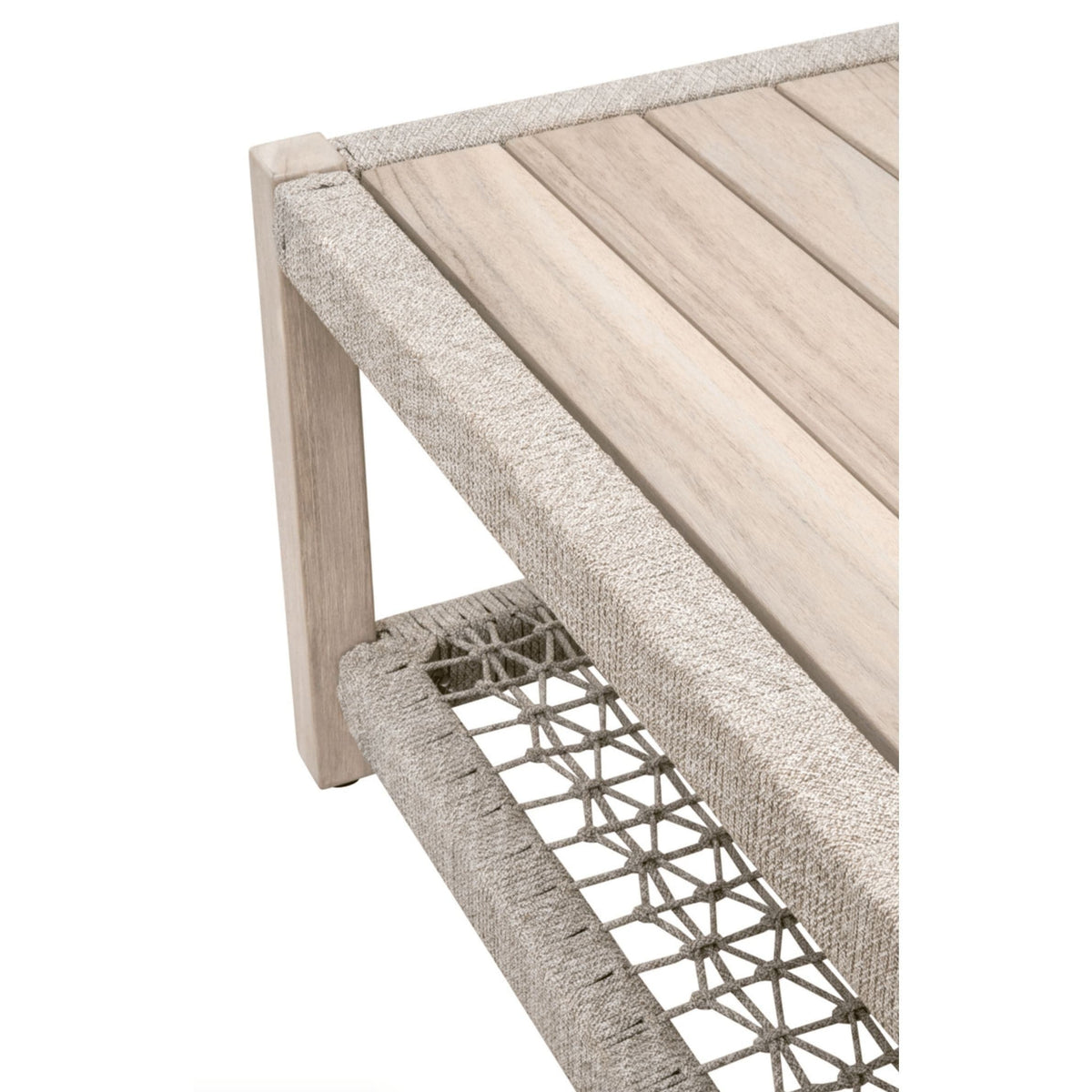 Wendy Rectangle Gray Teak Outdoor Coffee Table with light wood top, taupe rope accents, and a knotted rope shelf.