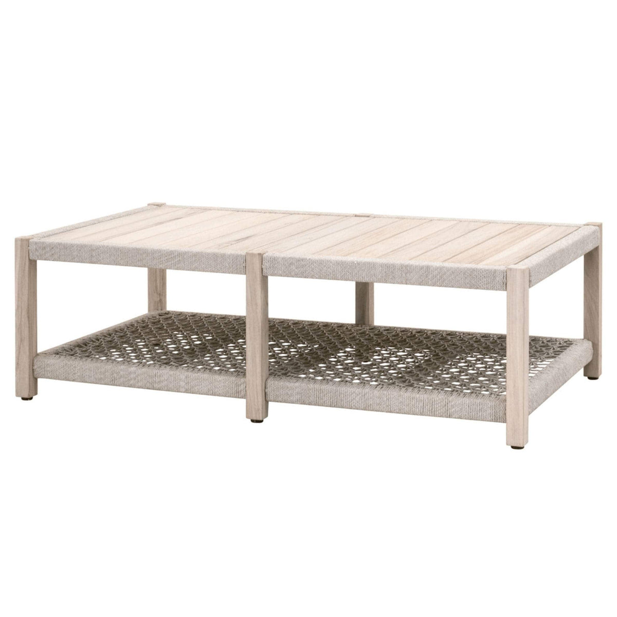 Gray teak outdoor coffee table with a slatted top and knotted rope shelf.