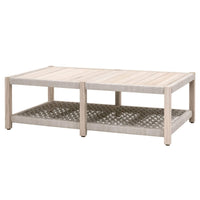 Gray teak outdoor coffee table with a slatted top and knotted rope shelf.