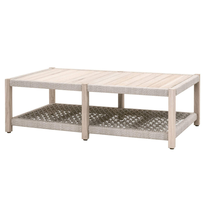 Gray teak outdoor coffee table with a slatted top and knotted rope shelf.