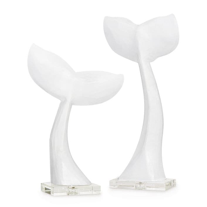 White resin whale tail tabletop accessories, a duo of unique whimsical decor.