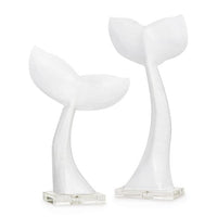 White resin whale tail tabletop accessories, a duo of unique whimsical decor.