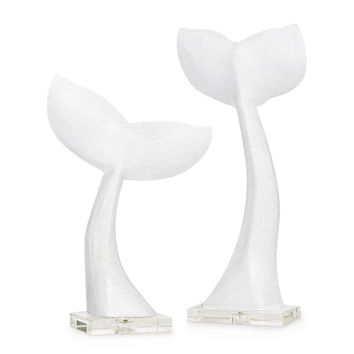 White resin whale tail tabletop accessories, a duo of unique whimsical decor.