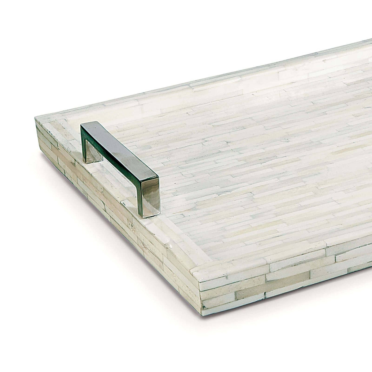 White bone rectangular tray with mosaic pattern and polished nickel handles.