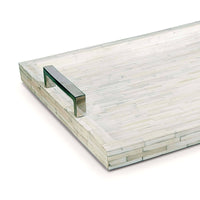 White bone rectangular tray with mosaic pattern and polished nickel handles.