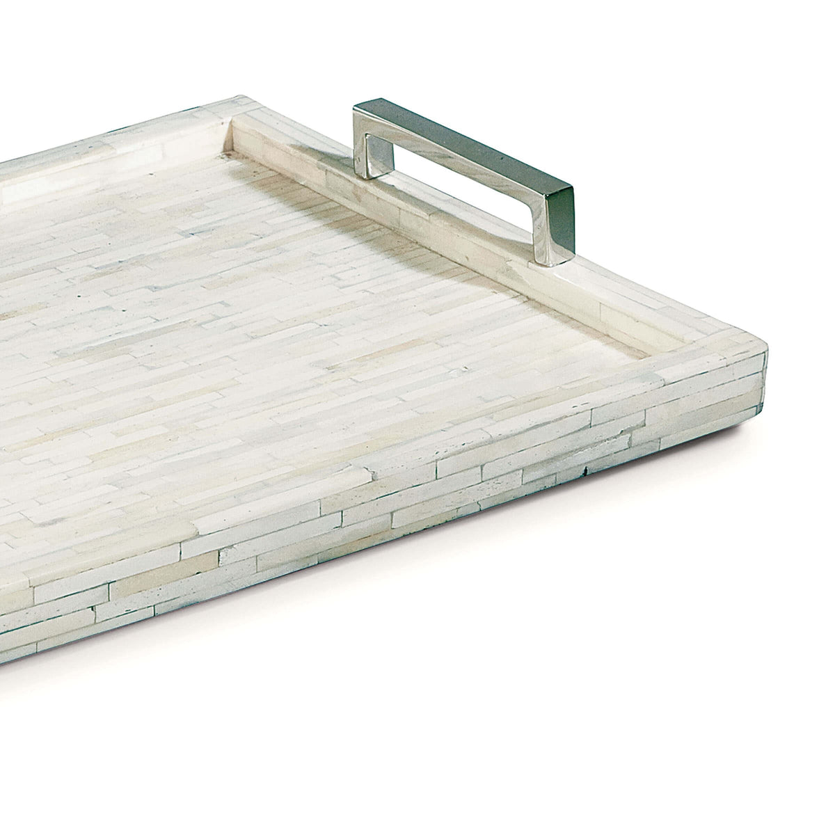 White bone nickel tray, rectangular, with hand-inlay mosaic pattern and polished nickel handles.