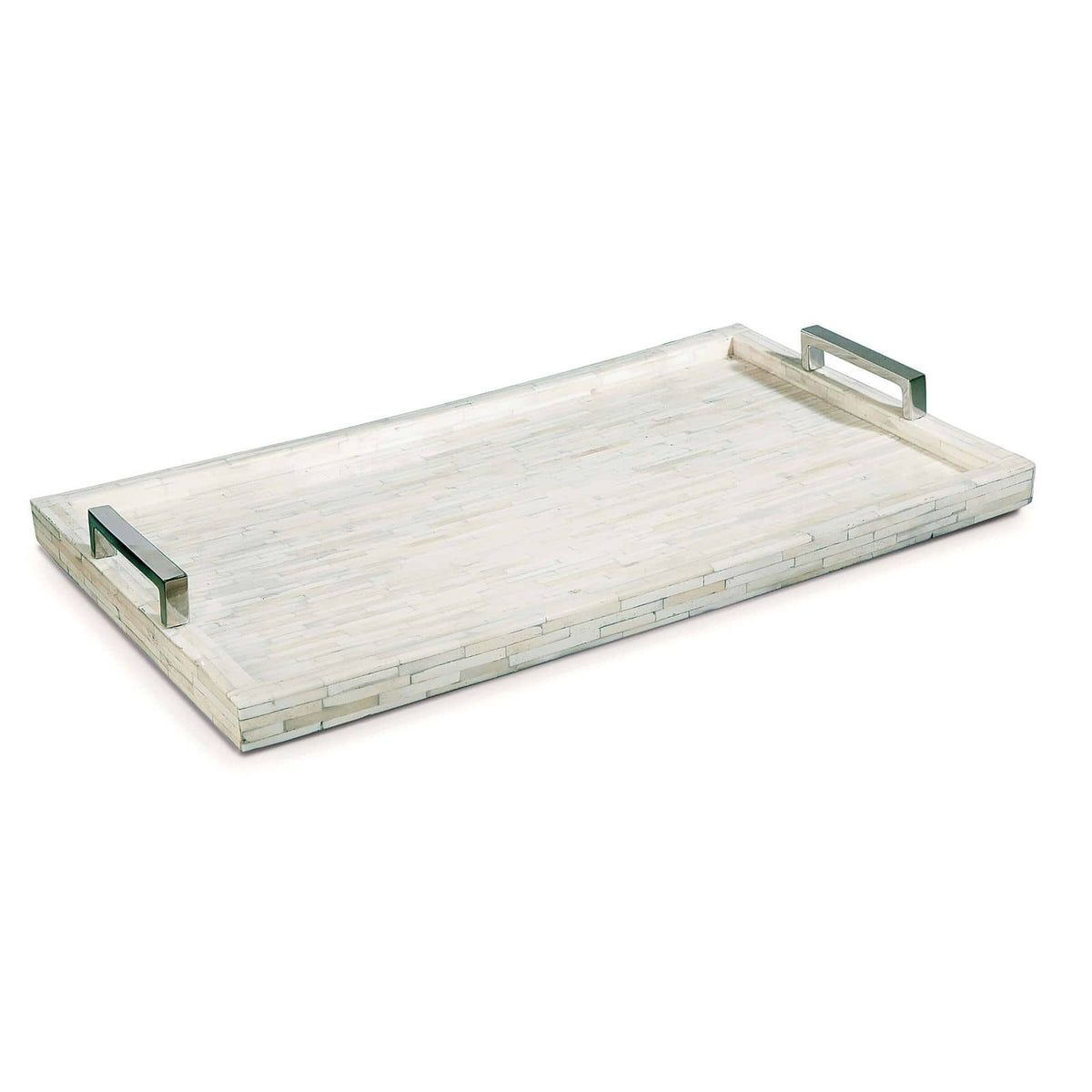 Rectangular white bone inlay tray with mosaic pattern and polished nickel handles.