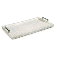 Rectangular white bone inlay tray with mosaic pattern and polished nickel handles.