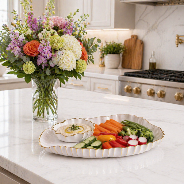White & Gold Large Oval Serving Platter w/ Mini Bowl - Platter Detail | Bone & Brass