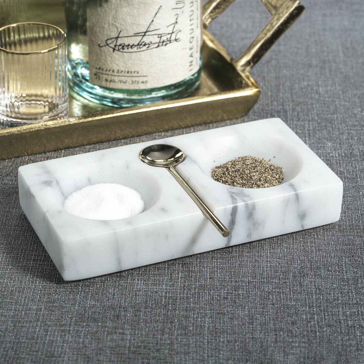 White Marble Salt & Pepper Dish Spoon - Shaker Detail | Bone & Brass
