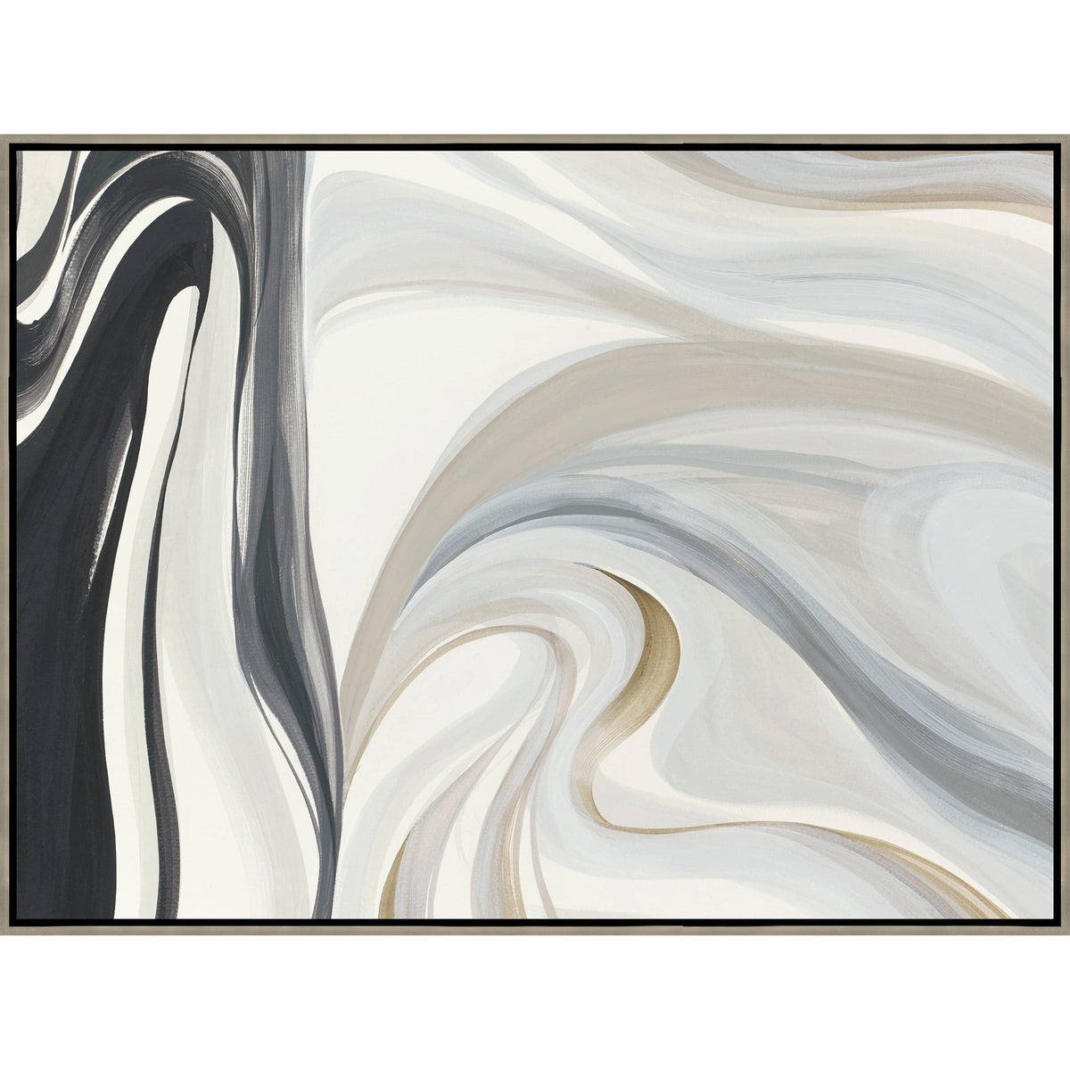 White Wave Giclee Painting: abstract art with fluid black, gray, beige, and white brushstrokes in a black frame.