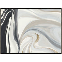 White Wave Giclee Painting: abstract art with fluid black, gray, beige, and white brushstrokes in a black frame.