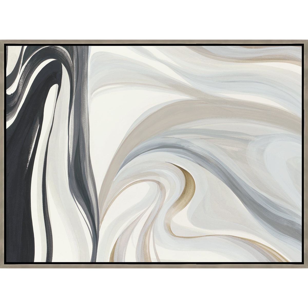 White Wave Giclee Painting by Sara Brown, abstract art with fluid black, grey, white, and gold brushstrokes.