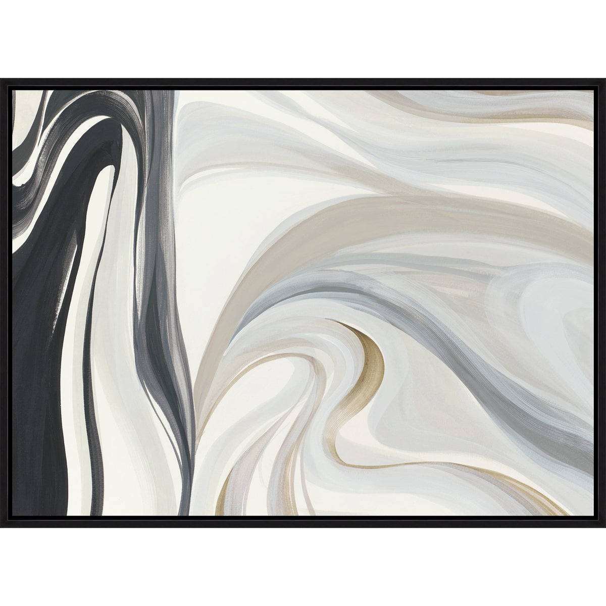 White Wave Giclee Painting by Sara Brown, abstract fluid movement in black, gray, white, and gold.