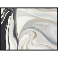Abstract giclee painting by Sara Brown with fluid black, gray, white, and gold brushstrokes in a black frame.