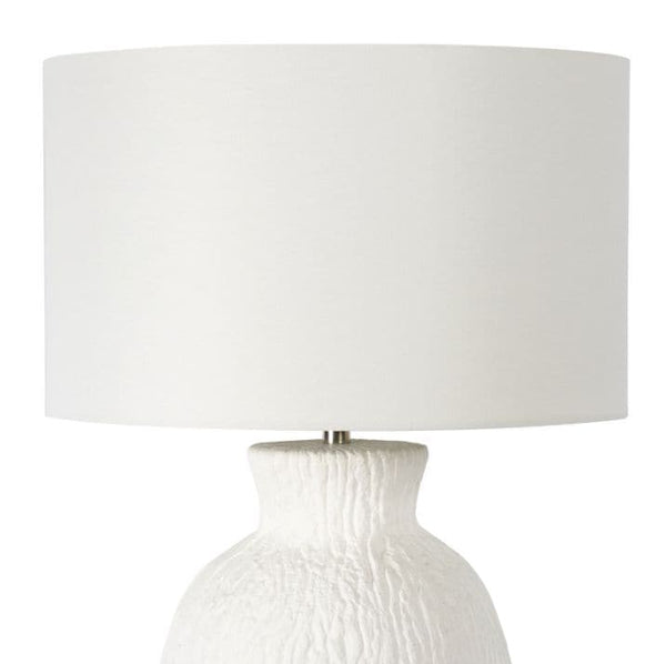 White Willow Table Lamp with a textured bark-like base and a simple white linen drum shade.