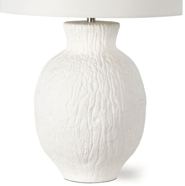 White Willow Table Lamp with a textured, bark-inspired ceramic base and a white linen shade.