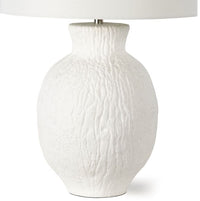 White Willow Table Lamp with a textured, bark-inspired ceramic base and a white linen shade.