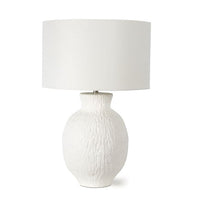White Willow Table Lamp with a textured bark-like base and a simple white linen drum shade.