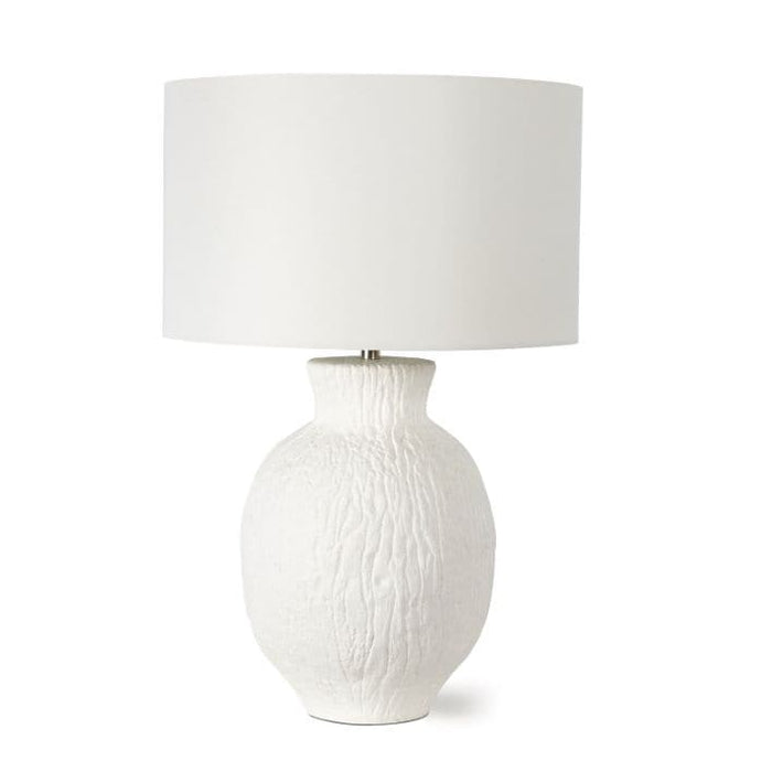 White Willow Table Lamp with a textured bark-like base and a simple white linen drum shade.