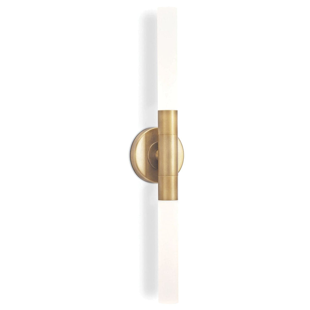 Vertical brass Wick Hilo Sconce with two frosted acrylic bulb covers.