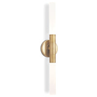 Vertical brass Wick Hilo Sconce with two frosted acrylic bulb covers.