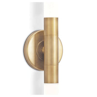 Brass Wick Hilo Sconce, a modern double-ended fixture with frosted acrylic bulb covers, mounted vertically.