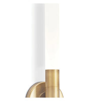 Modern brass Wick Hilo sconce with frosted acrylic bulb covers, mounted vertically.