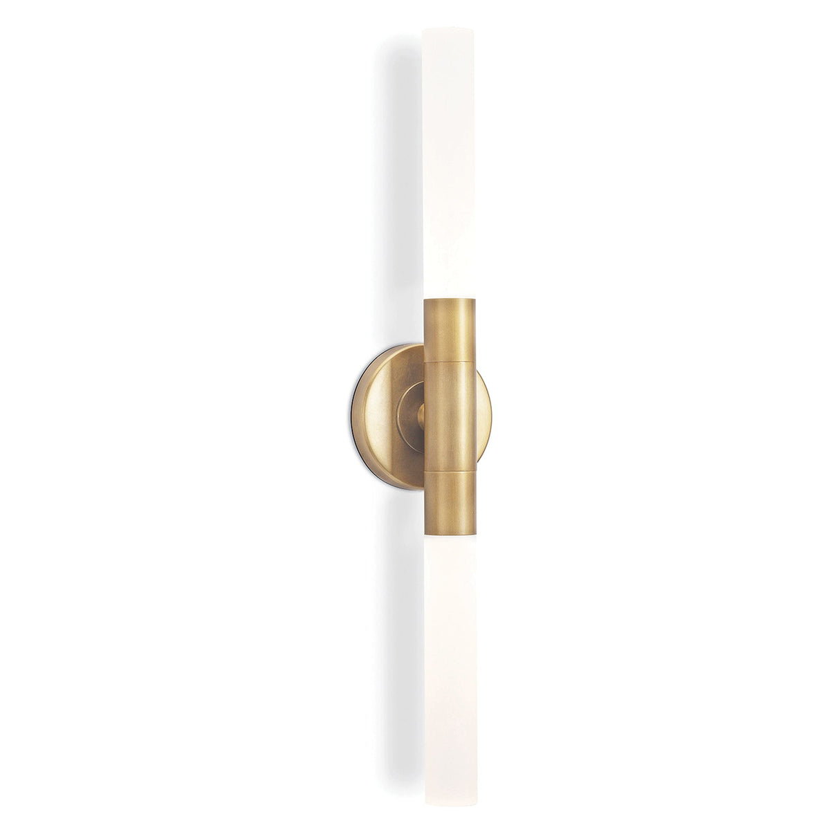 Wick Brass Hilo Sconce: modern double-ended brass sconce with frosted acrylic bulb covers.
