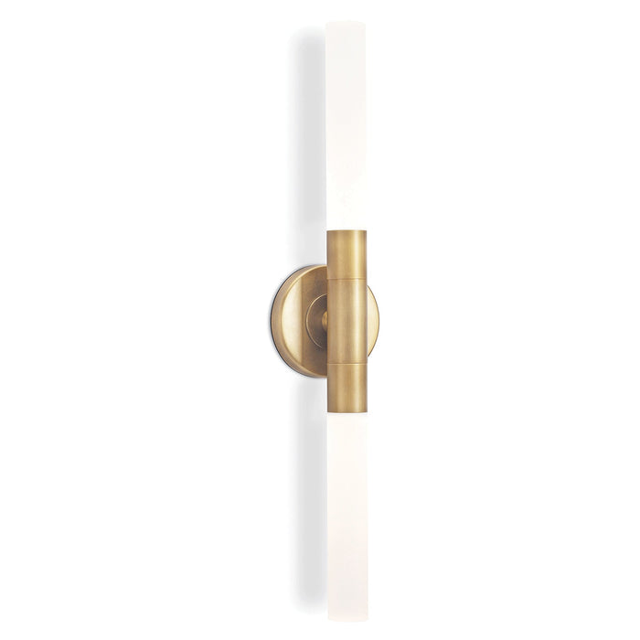Wick Brass Hilo Sconce: modern double-ended brass sconce with frosted acrylic bulb covers.