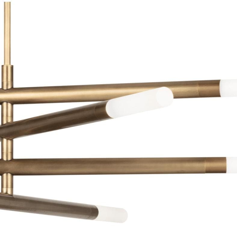 Modern Wick Chandelier with natural brass arms and frosted acrylic bulb covers.