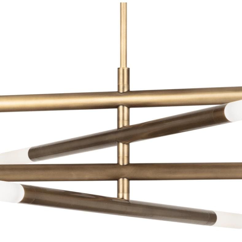 Modern Wick Chandelier in natural brass with four linear arms and frosted acrylic bulb covers.